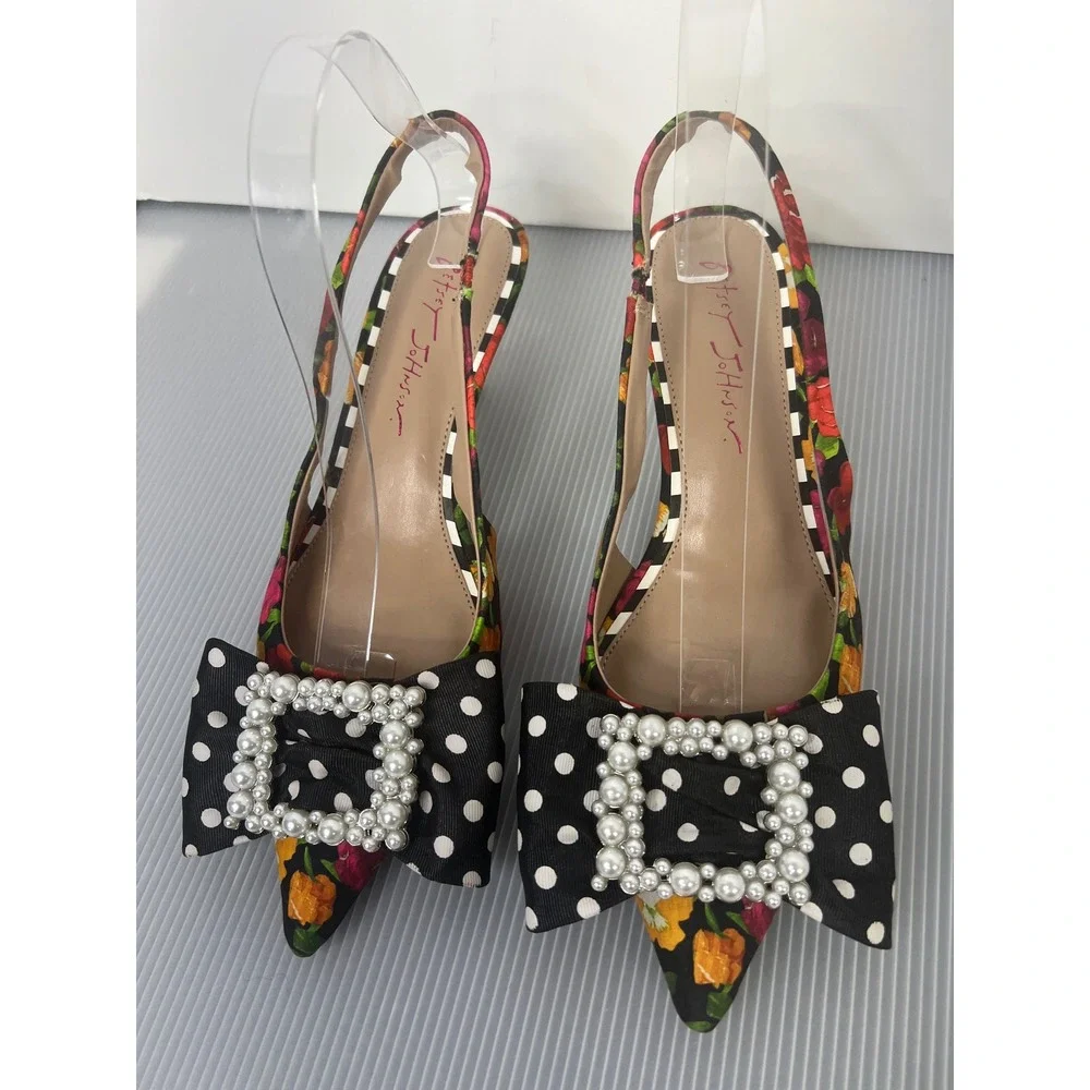 Betsey Johnson Floral Polka Dot Pearl Bow Slingback Kitten Heel Pumps Womens 8M